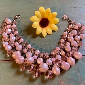 Gold Tone Blush Pink Faux Pearl Dangle Bracelet - 7"  Bracelet